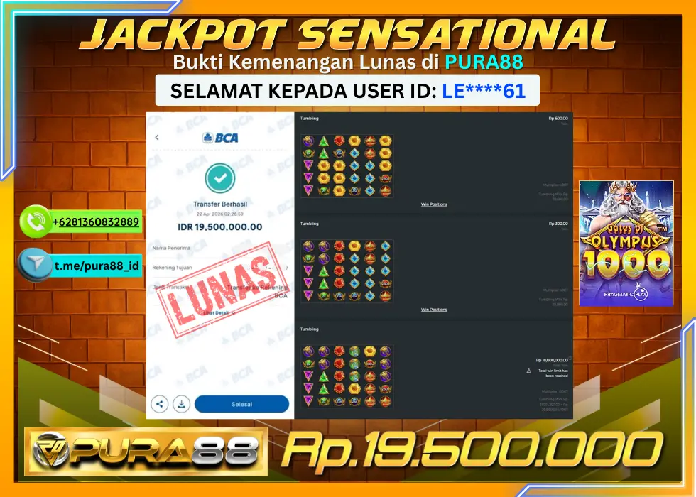 PURA88 JACKPOT GATES OF OLYMPUS 1000 Rp 19.500.000,- LUNAS